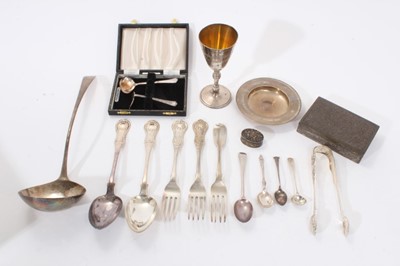 Lot 351 - Miscellaneous silver including silver goblet, Armada dish, Georgian silver soup ladle, flatware etc
