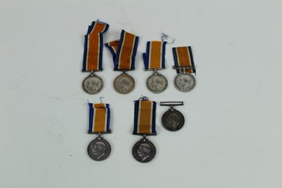 Lot 708 - Collection of seven First World War War medals named to T4-059380 DVR. A. E. Carman. A.S.C., T4-110713 PTE J. Kenyon. A.S.C., L-13280 PTE. J. T. Wheeler. R. Fus., 19784 PTE. P. Bennett. Devon R., 1...