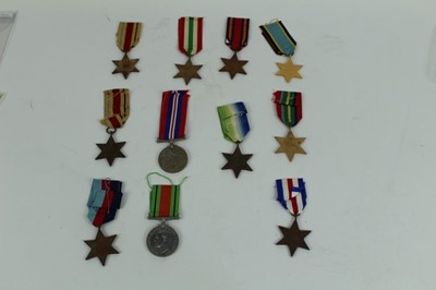 Lot 710 - Collection of Second World War campaign medals comprising 1939 - 1945 Star, Atlantic Star, Italy Star, Burma Star, France and Germany Star, Pacific Star, Africa Star x2, one with 8th Army clasp, Ai...