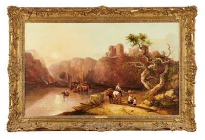 Lot 1100 - Circle of Richard Parkes Bonington, oil on canvas - Boats on the Rhine in the Auvergne with a castle on cliffs above, bears signature R P Bonington, indistinctly dated