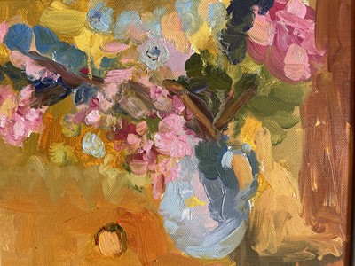 Lot 49 - Annelise Firth (b.1961) oil on board - still life summer flowers in a jug, signed and dated 2021 verso, 24cm x 30cm, in painted frame