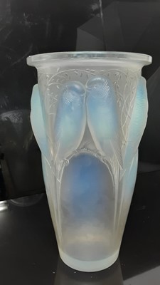 Lot 1001 - Rene Lalique Ceylan pattern opalescent glass vase, moulded with parakeets on branches, 24cm high