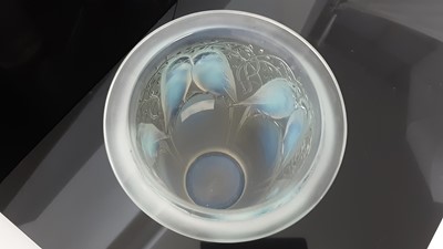 Lot 1001 - Rene Lalique Ceylan pattern opalescent glass vase, moulded with parakeets on branches, 24cm high