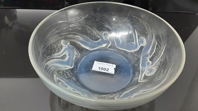 Lot 1002 - Rene Lalique Ondines pattern opalescent glass bowl, moulded with six nude female figures, signed, 20.5cm diameter