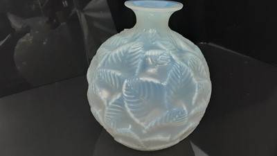 Lot 1003 - Rene Lalique Ormeaux pattern opalescent glass vase,  signed on base, 17cm high