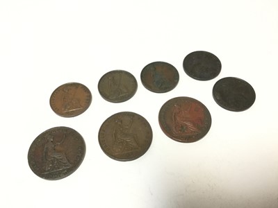 Lot 452 - G.B. - Mixed copper Victoria coins to include Pennies 1851 GF, 1857 Ornament trident (N.B. Minor edge bruises) otherwise GVF, 1859 F, Half Pennies 1852 GVF, 1853 AVF, 1854 EF, 1855 AEF and 1856 VF...