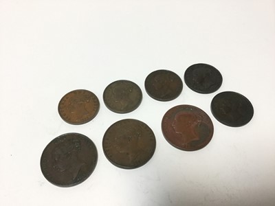 Lot 452 - G.B. - Mixed copper Victoria coins to include Pennies 1851 GF, 1857 Ornament trident (N.B. Minor edge bruises) otherwise GVF, 1859 F, Half Pennies 1852 GVF, 1853 AVF, 1854 EF, 1855 AEF and 1856 VF...