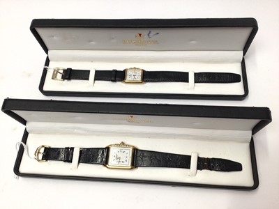 Lot 81 - Ladies and gentlemen's Raymond Weil gold plated tank wristwatches, cased