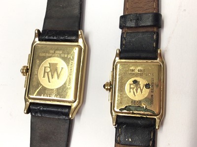 Lot 81 - Ladies and gentlemen's Raymond Weil gold plated tank wristwatches, cased