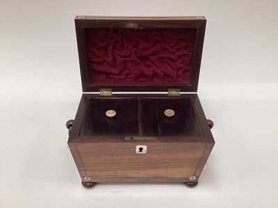 Lot 2569 - William IV rosewood tea caddy, of sarcophagus form, with mother of pearl inlay, two division interior and turned bone knobs, 22.5cm wide