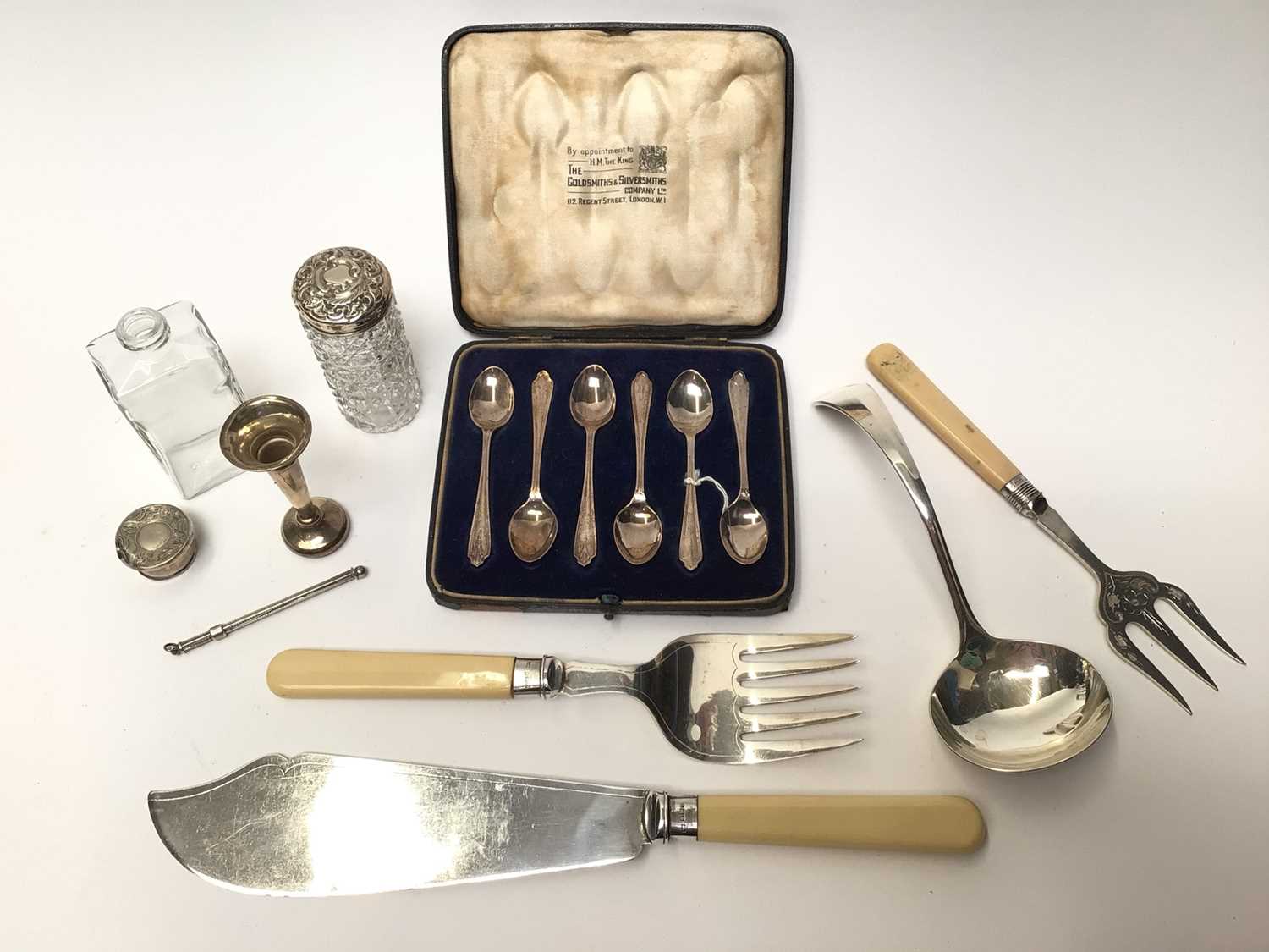 Lot 103 - Set six silver coffee spoons in fitted case, miniature silver spill vase, glass jars and plated flatware