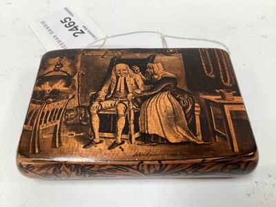 Lot 2465 - Rare Victorian Mauchline ware snuff box, with a penwork scene entitled 'John Anderson my Jo', the outside with foliate patterns, 8.5cm across