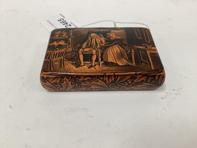 Lot 2465 - Rare Victorian Mauchline ware snuff box, with a penwork scene entitled 'John Anderson my Jo', the outside with foliate patterns, 8.5cm across