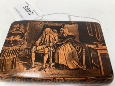 Lot 2465 - Rare Victorian Mauchline ware snuff box, with a penwork scene entitled 'John Anderson my Jo', the outside with foliate patterns, 8.5cm across