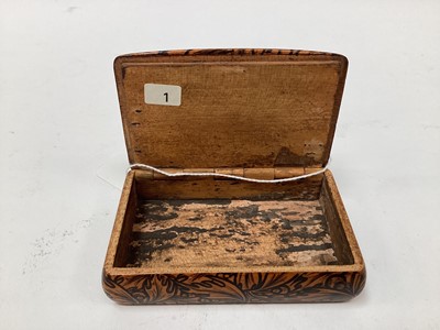 Lot 2465 - Rare Victorian Mauchline ware snuff box, with a penwork scene entitled 'John Anderson my Jo', the outside with foliate patterns, 8.5cm across