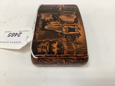 Lot 2465 - Rare Victorian Mauchline ware snuff box, with a penwork scene entitled 'John Anderson my Jo', the outside with foliate patterns, 8.5cm across