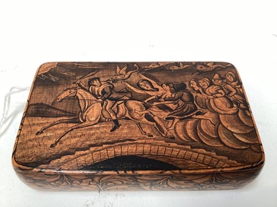 Lot 2466 - Rare Victorian Mauchline ware snuff box, with a penwork scene entitled 'Tam O'Shanter', the outside with foliate patterns, 8.5cm across