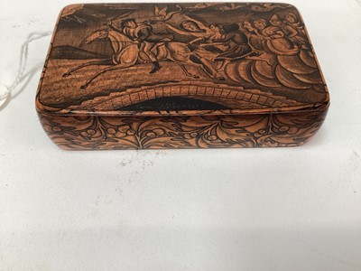 Lot 2466 - Rare Victorian Mauchline ware snuff box, with a penwork scene entitled 'Tam O'Shanter', the outside with foliate patterns, 8.5cm across