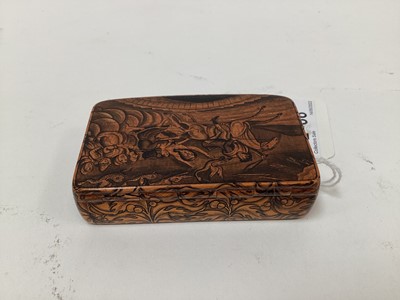 Lot 2466 - Rare Victorian Mauchline ware snuff box, with a penwork scene entitled 'Tam O'Shanter', the outside with foliate patterns, 8.5cm across