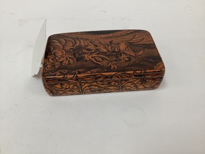 Lot 2466 - Rare Victorian Mauchline ware snuff box, with a penwork scene entitled 'Tam O'Shanter', the outside with foliate patterns, 8.5cm across