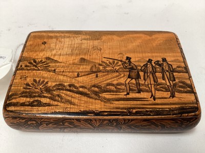 Lot 2467 - Rare Victorian Mauchline ware snuff box, with a penwork scene of a hunting scene, the outside with foliate patterns, 8.5cm across