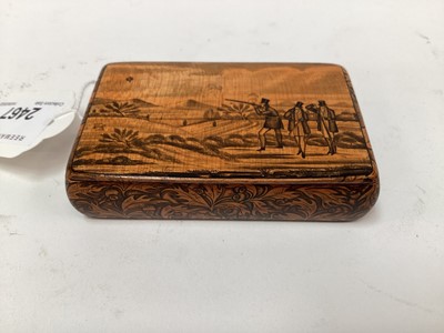 Lot 2467 - Rare Victorian Mauchline ware snuff box, with a penwork scene of a hunting scene, the outside with foliate patterns, 8.5cm across