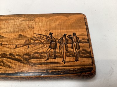 Lot 2467 - Rare Victorian Mauchline ware snuff box, with a penwork scene of a hunting scene, the outside with foliate patterns, 8.5cm across