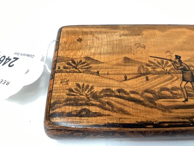 Lot 2467 - Rare Victorian Mauchline ware snuff box, with a penwork scene of a hunting scene, the outside with foliate patterns, 8.5cm across