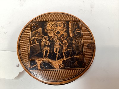 Lot 2468 - Rare Victorian Mauchline ware snuff box, with a penwork titled scene from the 'Tam O'Shanter', 9cm across