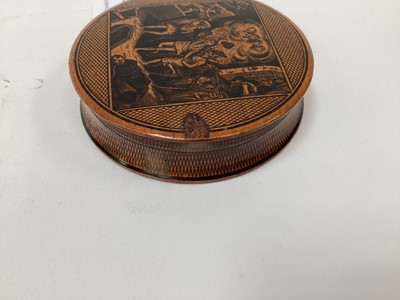 Lot 2468 - Rare Victorian Mauchline ware snuff box, with a penwork titled scene from the 'Tam O'Shanter', 9cm across