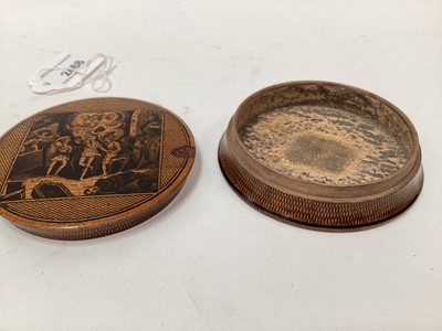 Lot 2468 - Rare Victorian Mauchline ware snuff box, with a penwork titled scene from the 'Tam O'Shanter', 9cm across