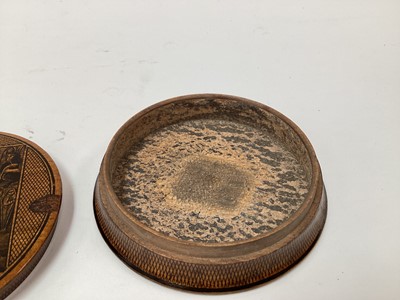 Lot 2468 - Rare Victorian Mauchline ware snuff box, with a penwork titled scene from the 'Tam O'Shanter', 9cm across