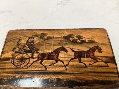 Lot 2469 - Rare Victorian Mauchline ware snuff box, with a penwork carriage driving scene, the outside with foliate patterns, 8.5cm across