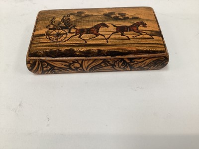 Lot 2469 - Rare Victorian Mauchline ware snuff box, with a penwork carriage driving scene, the outside with foliate patterns, 8.5cm across