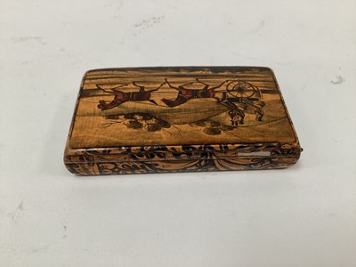 Lot 2469 - Rare Victorian Mauchline ware snuff box, with a penwork carriage driving scene, the outside with foliate patterns, 8.5cm across