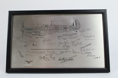 Lot 737 - Battle of Britain 40th Anniversary Commemorative Plaque, in brushed silver, with image of a Spitfire and facsimile signatures of Veterans, (Sheffield 1980), framed, 14.5cm by 24cm