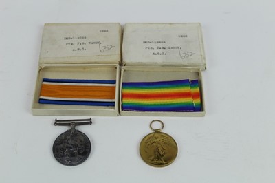 Lot 738 - First World War pair comprising War and Victory medals named to OM2 - 118564 PTE. J. S. Tandy. A.S.C. Together with boxes of issue.