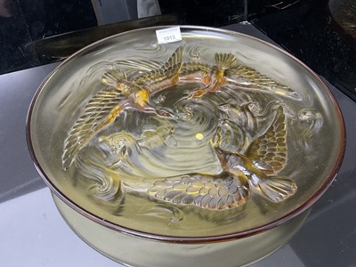 Lot 1022 - 1920s/30s Verlys France amber glass dish, moulded with three geese and two fish, signed on, 35.5cm diameter