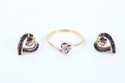 Lot 557 - Pair of diamond and sapphire heart shaped earrings and an Edwardian gold diamond cluster ring