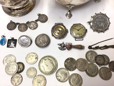 Lot 148 - Silver sauce boat, Arts & Crafts white metal milk jug, two silver cased watches, silver mounted coin brooch, other coins and plated items