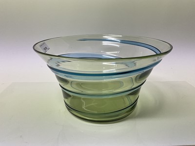 Lot 1019 - Large Whitefriars green glass bowl with blue ribbon trailed decoration, possibly by Barnaby Powell, 16cm high, 29cm diameter