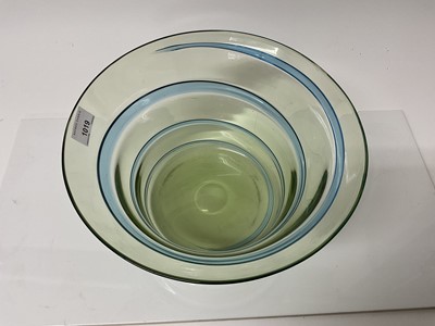 Lot 1019 - Large Whitefriars green glass bowl with blue ribbon trailed decoration, possibly by Barnaby Powell, 16cm high, 29cm diameter