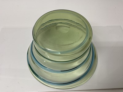 Lot 1019 - Large Whitefriars green glass bowl with blue ribbon trailed decoration, possibly by Barnaby Powell, 16cm high, 29cm diameter