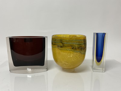 Lot 1020 - Art glass vase with blue and green decoration on yellow ground, signed and dated 2007, together with two other art glass vases (3)