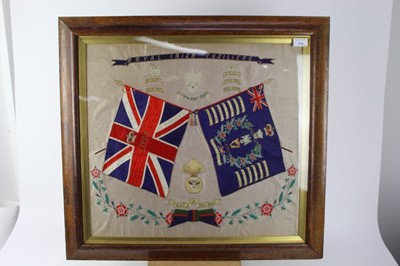 Lot 772 - Early 20th century Royal Irish Fusiliers regimental silk with battle honours up to the Boer War, mounted in glazed oak frame. 72.5 x 67.5cm