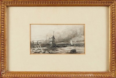 Lot 913 - Circle of John Constable (1776-1837) pencil and monochrome wash - Coastal View, probably Harwich, 8cm x 14.5cm, in glazed gilt frame