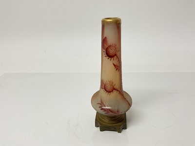 Lot 1030 - Cameo glass vase with thistle decoration on brass stand, unsigned, 14.5cm high