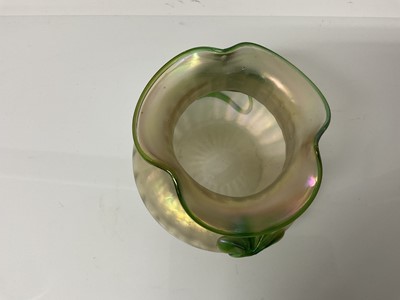 Lot 1318 - Loetz style Kralik iridescent glass vase decorated with a green flower, 11cm high