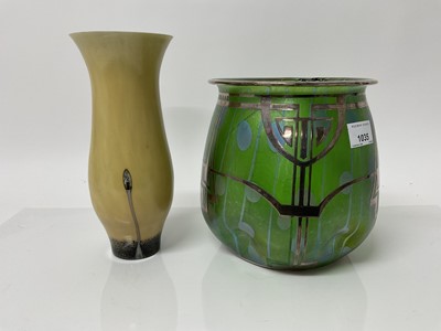 Lot 1035 - Art Nouveau Loetz or Kralik green glass vase with silver overlay, 18cm high (a/f)