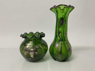 Lot 1036 - Two Venetian green glass vases with silver overlay, 22cm high and 11cm high